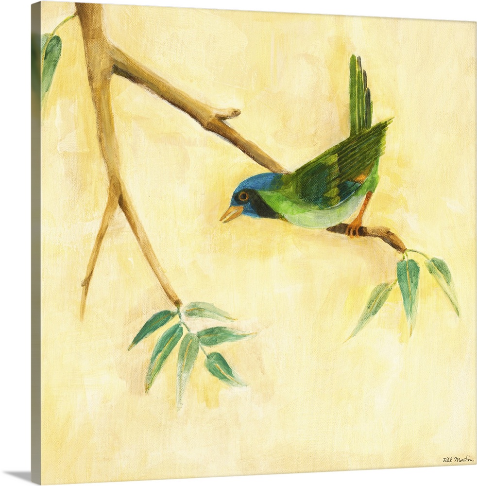Contemporary artwork of a green garden bird perched on a tree branch.