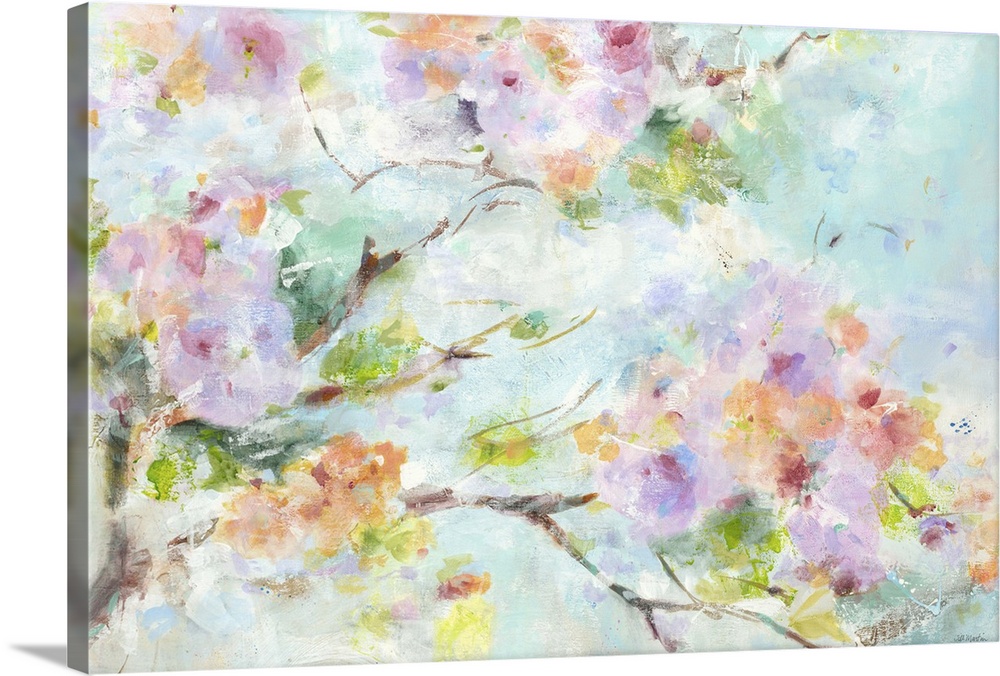 Contemporary painting of soft pink and purple flowers on a tree branch.