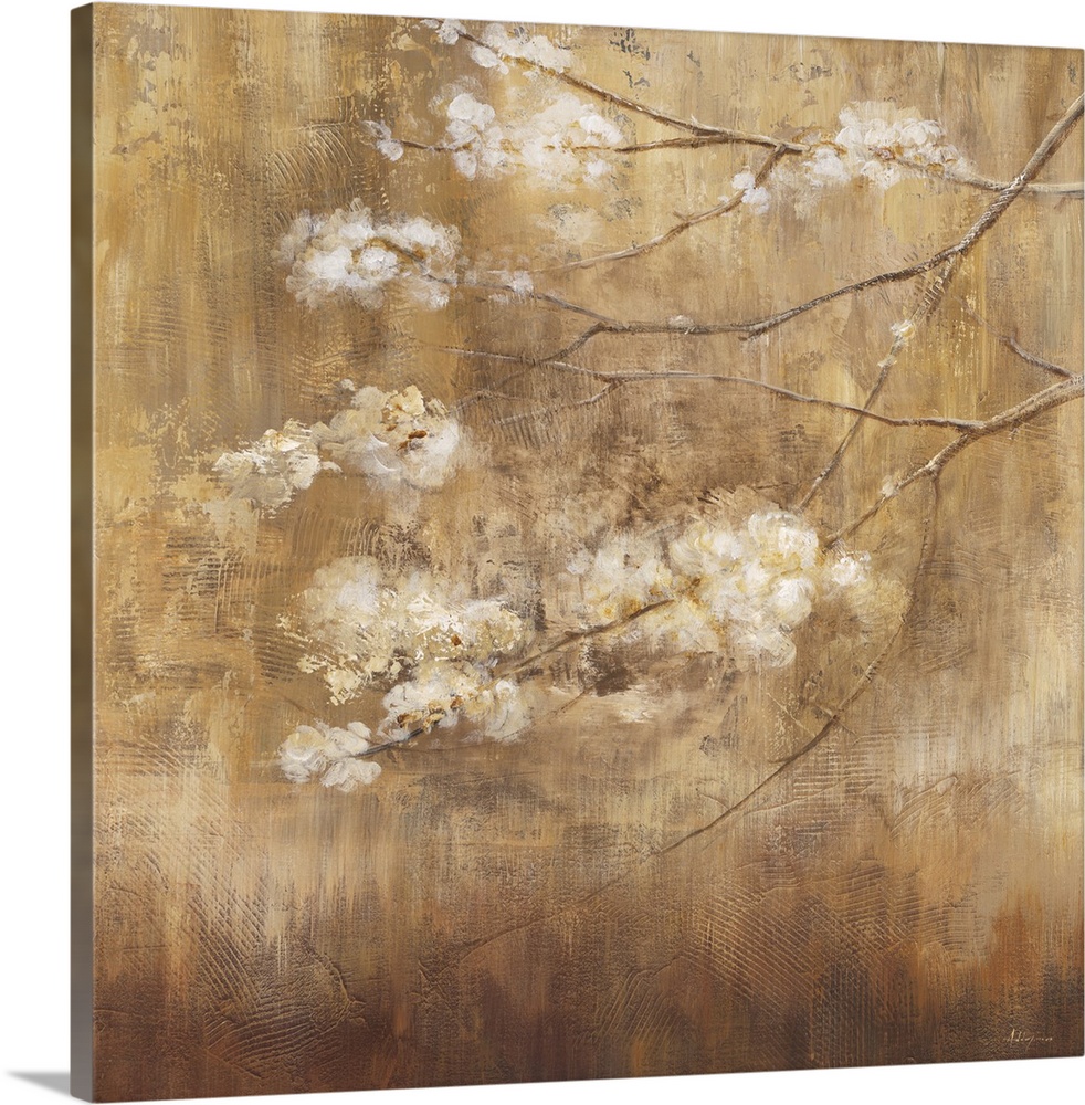 Square, floral painting of small, white, fluffy blossoms on a group of small branches. Painted with rough textured brushst...