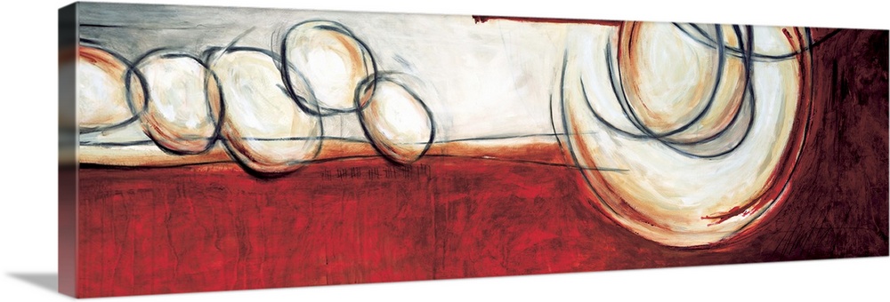 Contemporary abstract painting using bright red and clashing with a dirty gray, while bold lines create organic shapes.
