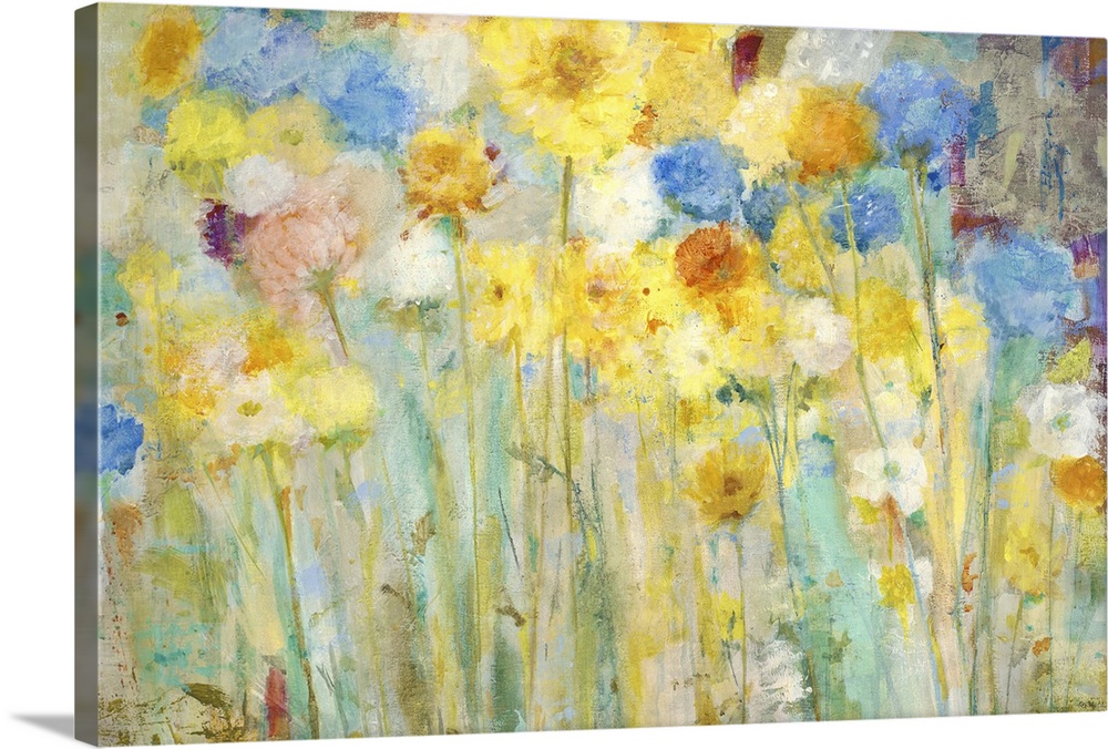 A contemporary painting of a garden of blue and yellow flowers.