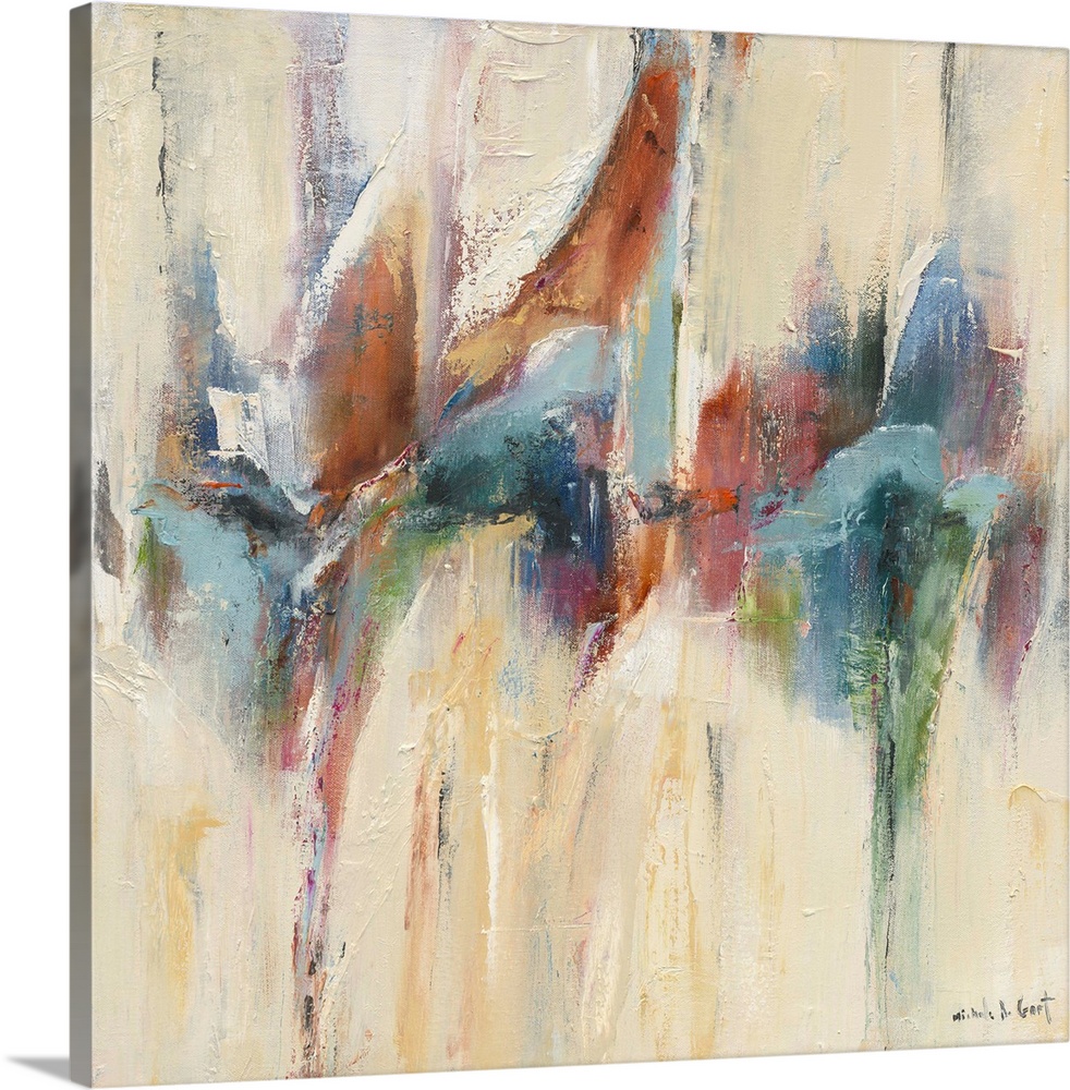 Square abstract painting with colorful brushstrokes in the middle resembling a reflection.