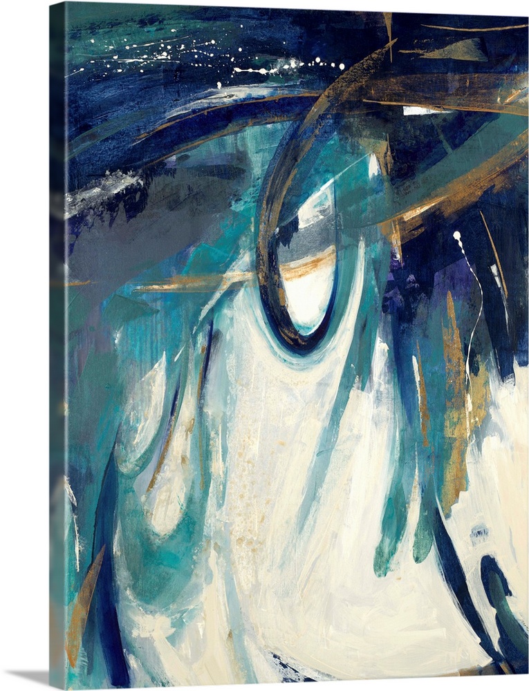 Contemporary abstract painting with bold blue hues in various shades and pops of gold throughout on a cream background.