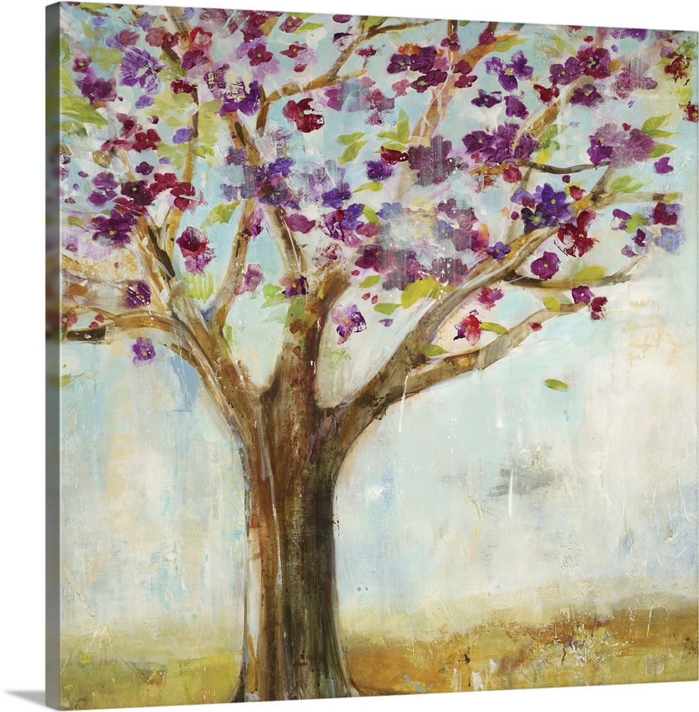 Contemporary painting of a tree with purple blossoming flowers.