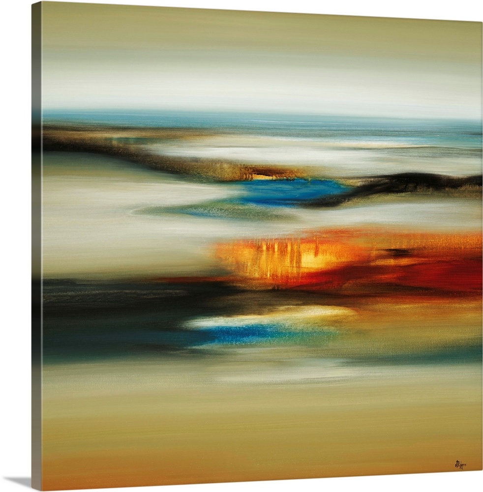 Contemporary abstract painting of landscape below covered by fog and mist.