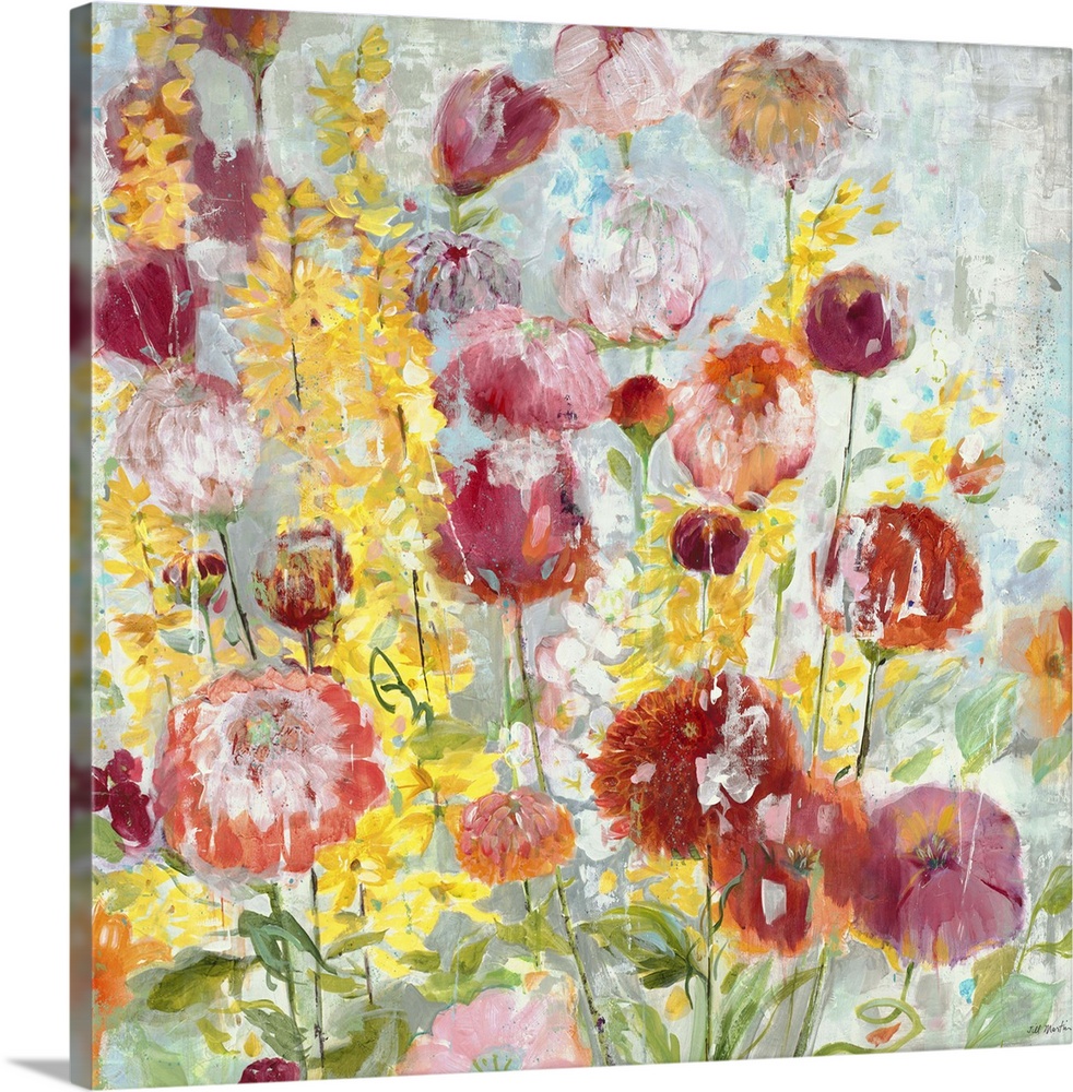 A contemporary painting of vibrant garden flowers against a pale blue background.