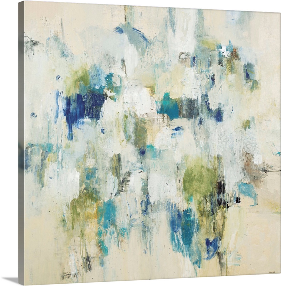 Beige abstract contemporary artwork using splashes of bright color.