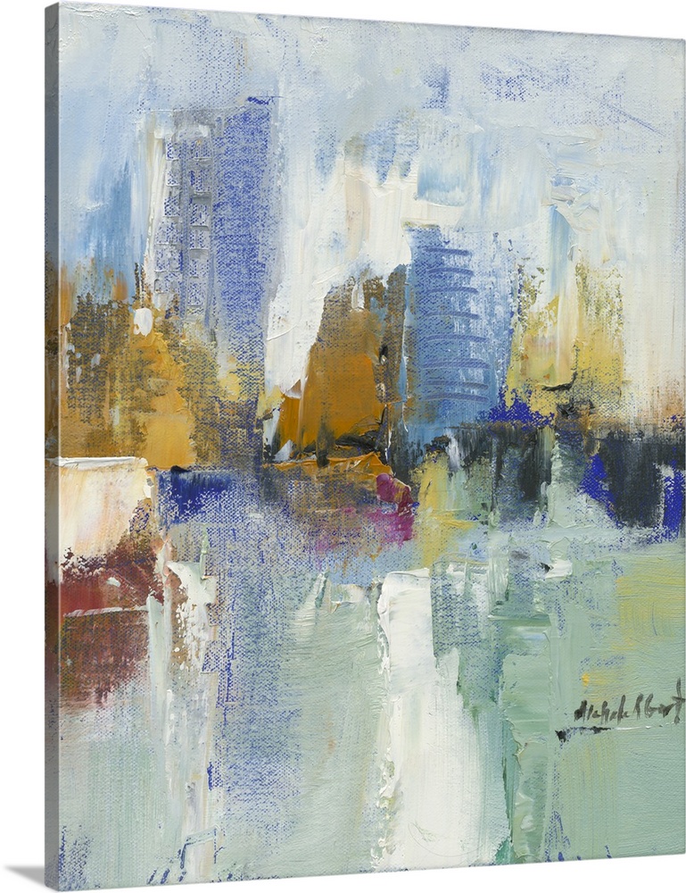 Contemporary abstract painting of a cityscape with colorful buildings and layered paint creating texture.