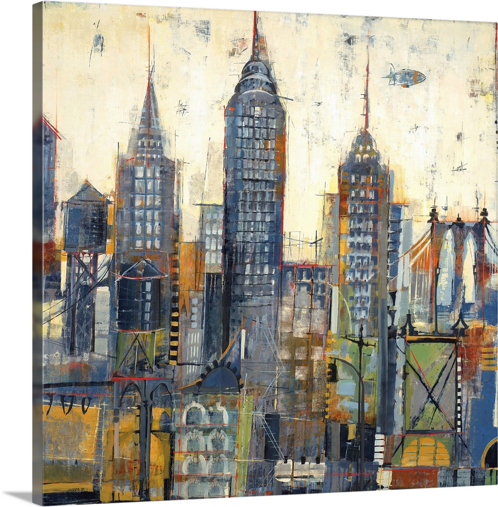 Contemporary painting of a stylized city skyline.