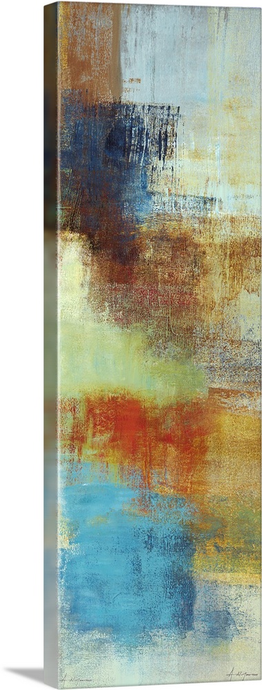 Tall abstract painting with patches of color and sponge textures.