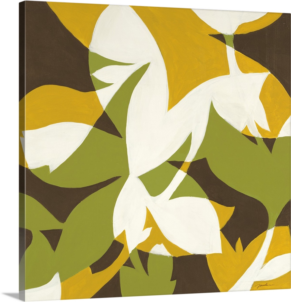 A square contemporary painting of layered flower and leaf shapes in bold colors of yellow, green and white on a brown back...
