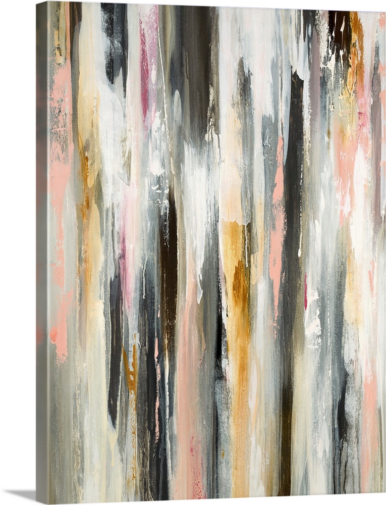 Abstract painting with vertical brushstrokes layered on top of each other in shades of pink, brown, black, white, and gold.