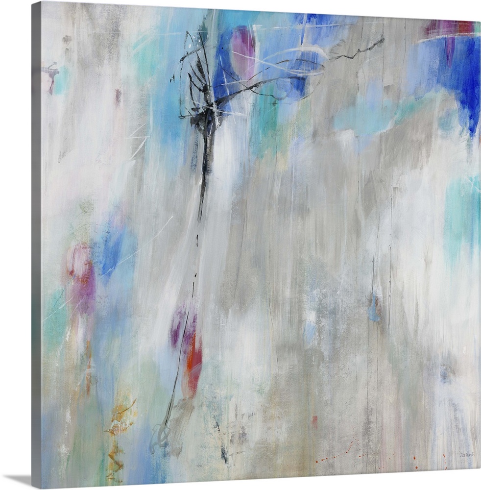 A contemporary abstract painting using splashes of light blue against a neutral background.