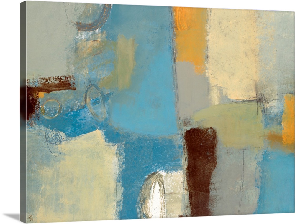 This contemporary painting is a horizontal abstract wall art showing large irregular grids of color.