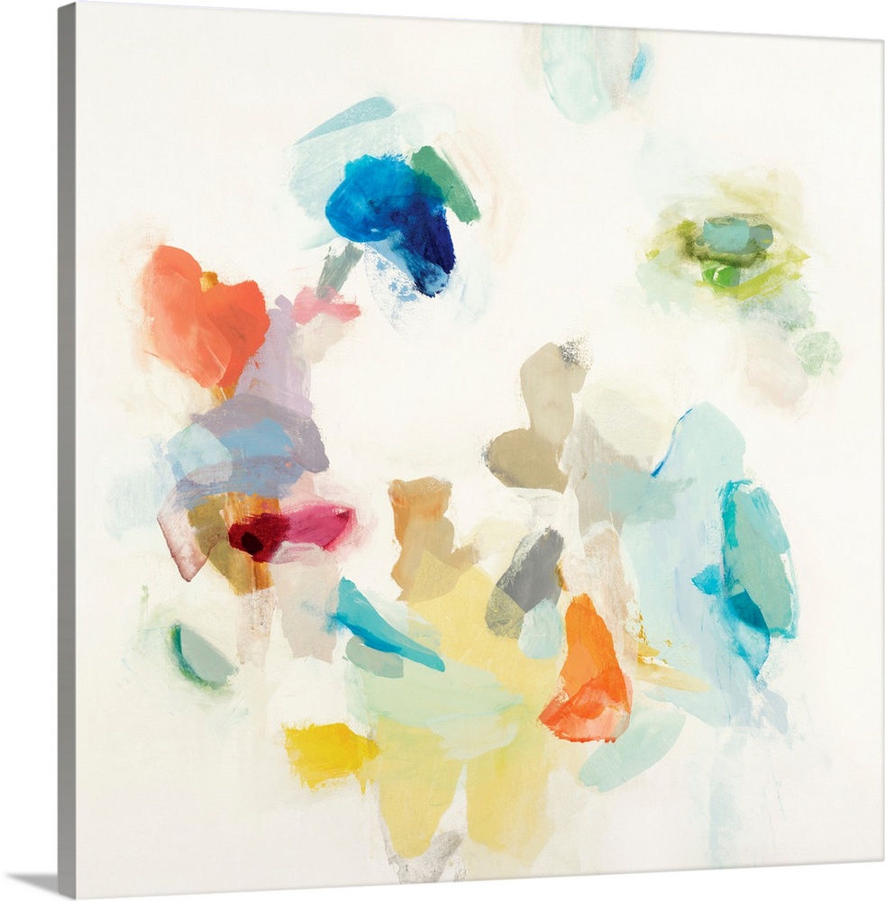 Square abstract painting with pops of vibrant colors all over a white background.