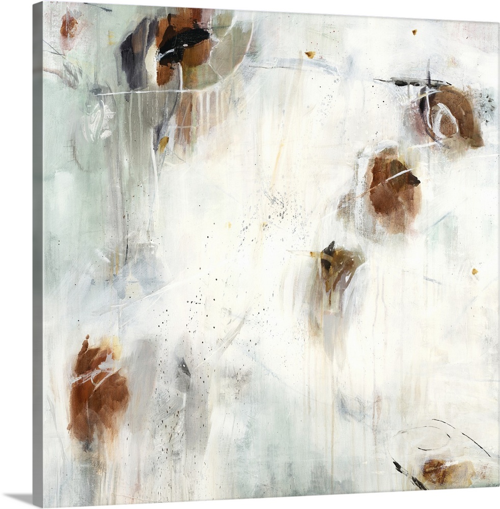 A contemporary abstract painting using splashes of brown against a neutral background.