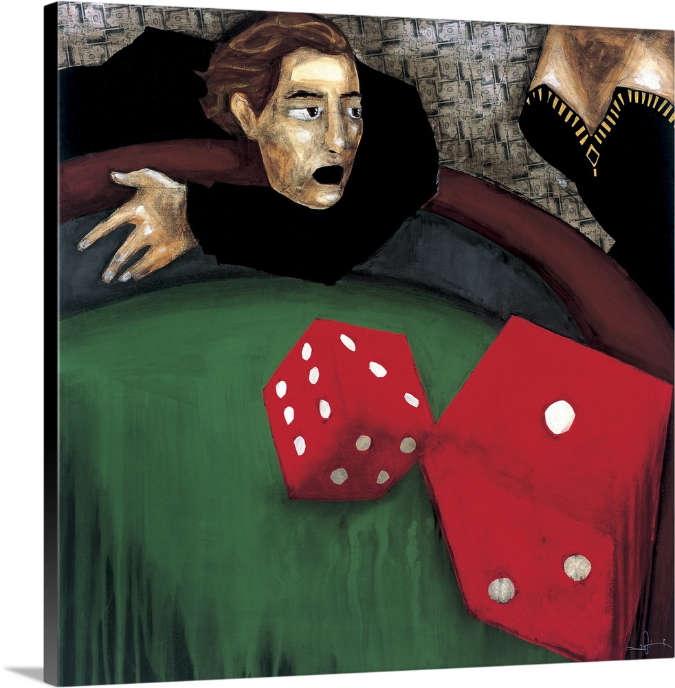 A painting of a man throwing red dice on a craps table.
