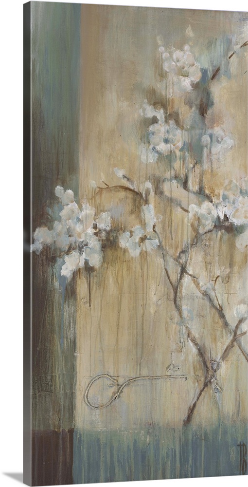 Contemporary painting of white flowers against a washed background.