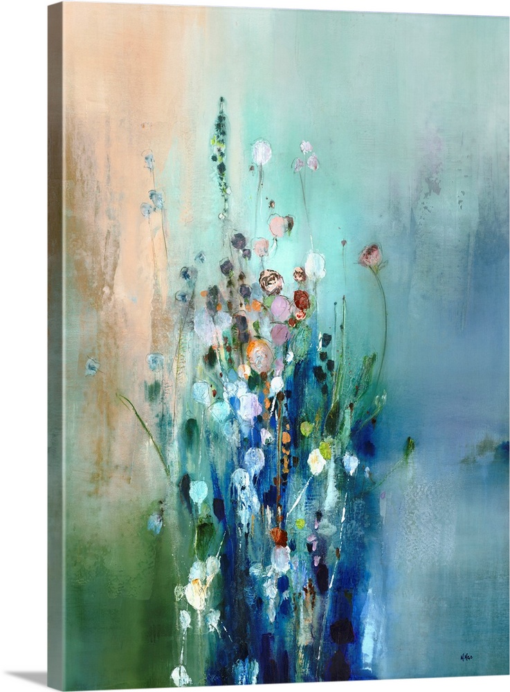 A contemporary abstract painting that resembles a bunch of tall wildflowers on a green and blue background
