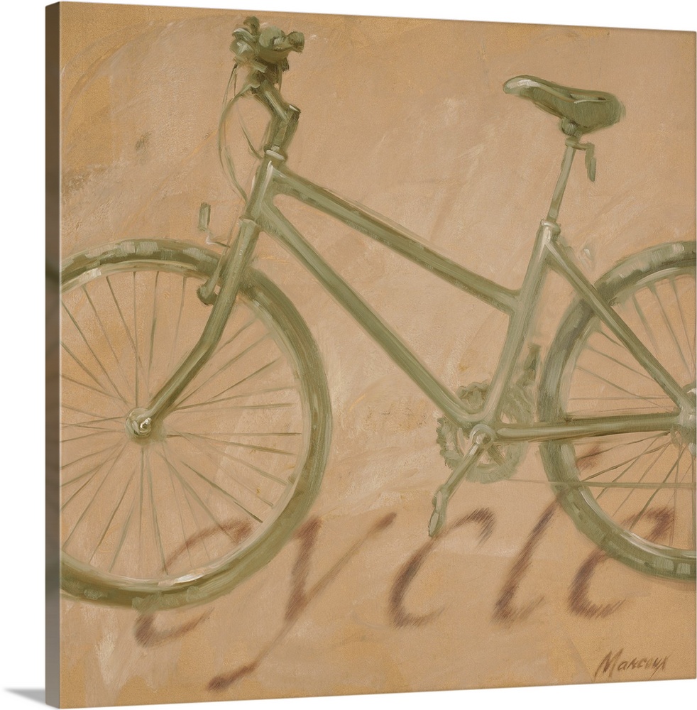 A square painting with a limited color palette of a bicycle, the wheels have been cropped out; faded text at the bottom sa...