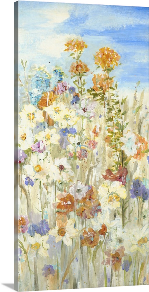 Contemporary painting of a group of garden flowers rising from the ground on their long stems.