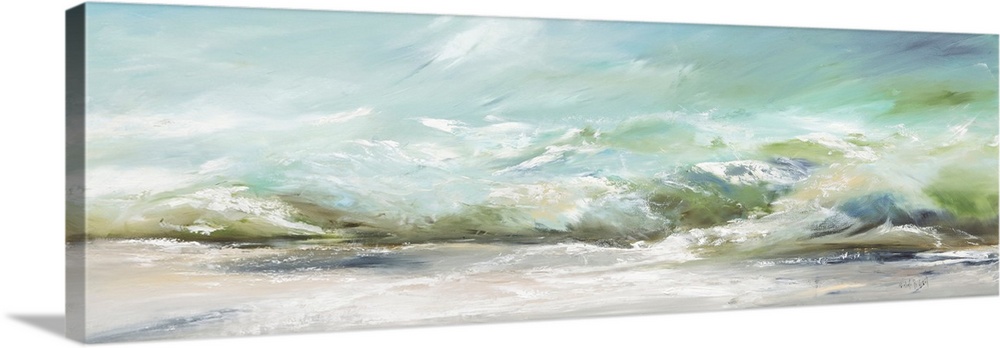 A contemporary panoramic painting of green ocean waves washing onto the sand - a calm image perfect for a beach cottage