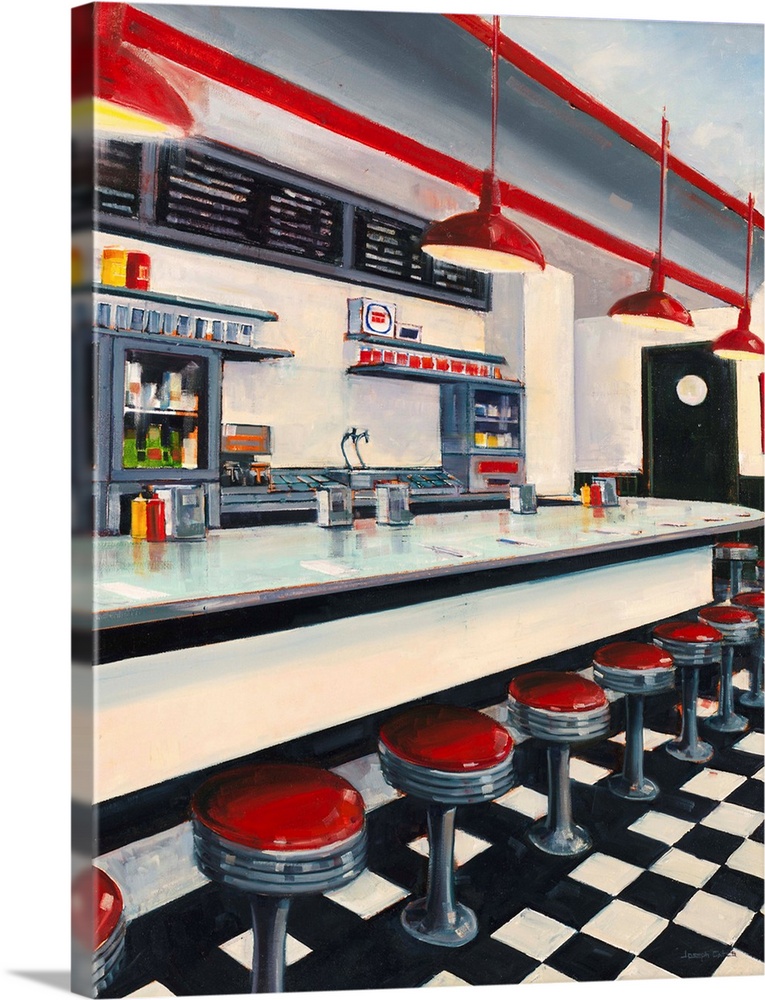 Contemporary realistic painting of a red, white, and red old school diner.