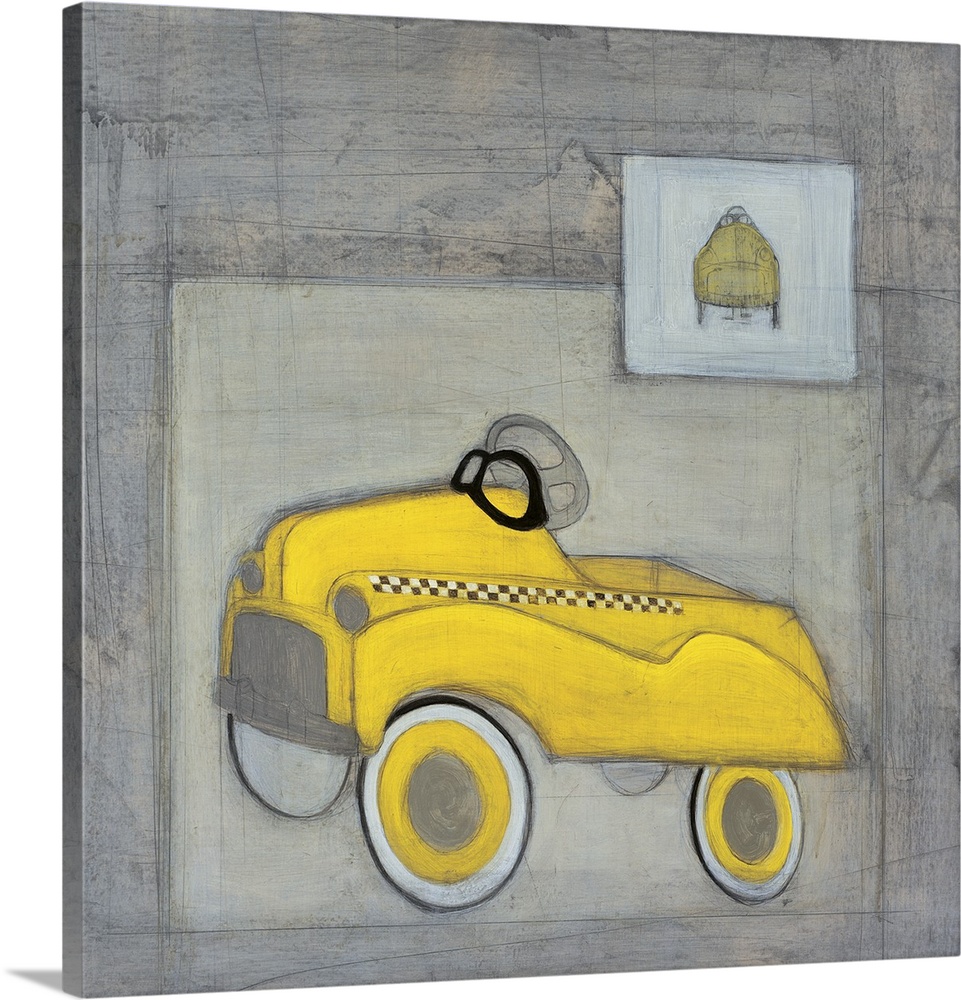 Contemporary painting of bright yellow taxi cab against a gray background.