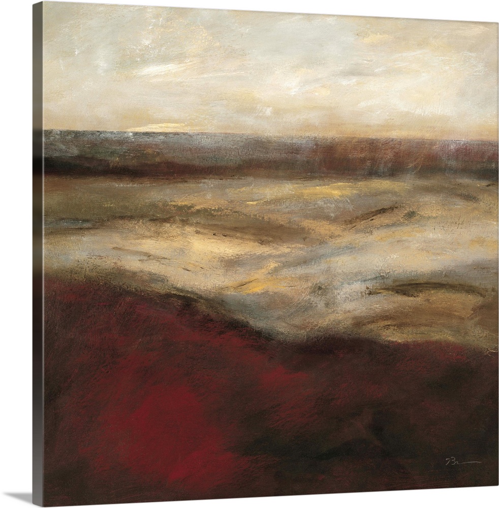 A contemporary painting using neutral and earth tones to convey an abstract landscape.