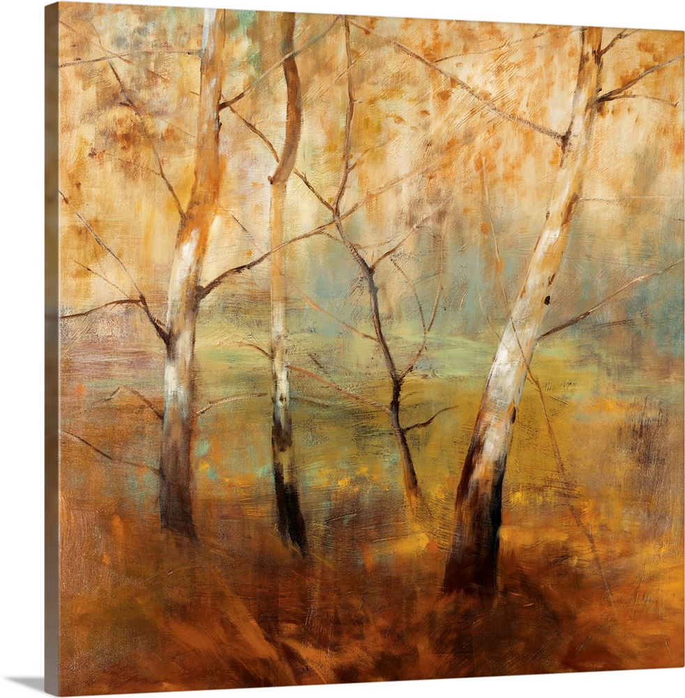 Contemporary landscape painting featuring soft strokes and a muted palette to capture the mood of a forest at dawn.