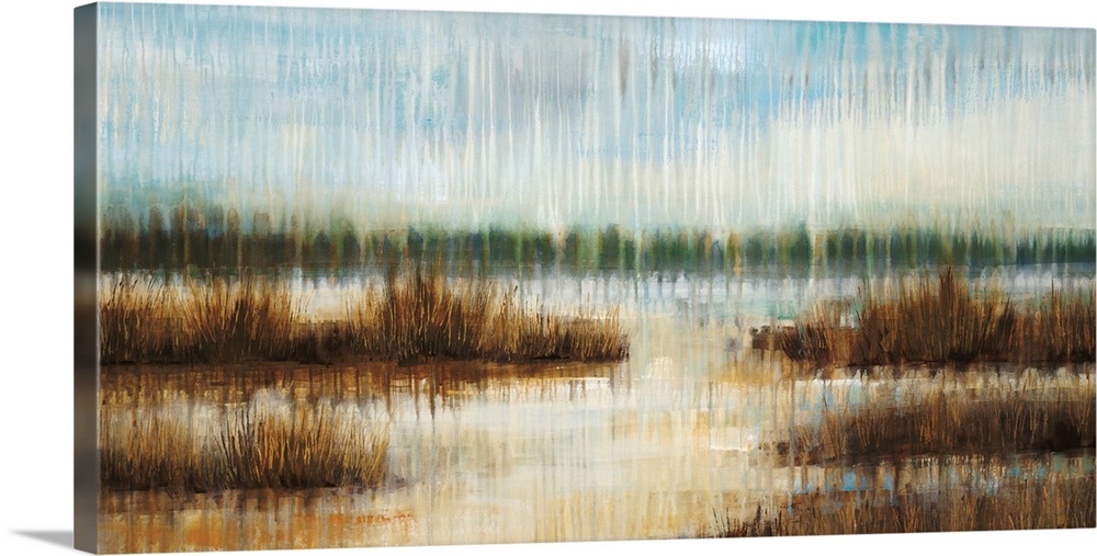 Large panoramic artwork of a lake with small islands and a treeline in the distance. Rough texture blurs entire photo.
