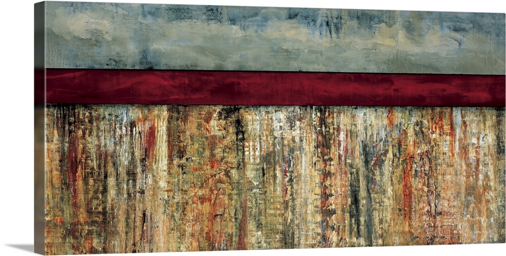 Abstract painting using earth colors in a textured color field, with a dark red horizontal stripe at the top of the image.