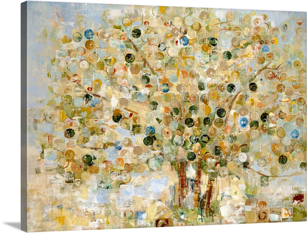 Large living room decor of an abstract landscape of a tree where the leaves are represented by circles.