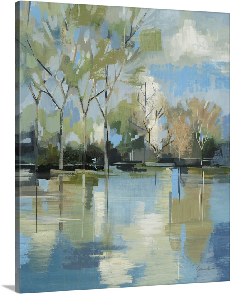 A serene contemporary painting of trees behind a lake painted in a blocky abstract style