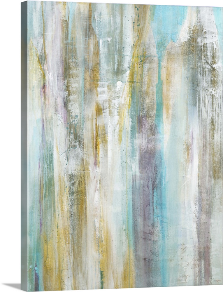 Contemporary abstract painting using pale colors in vertical lines.