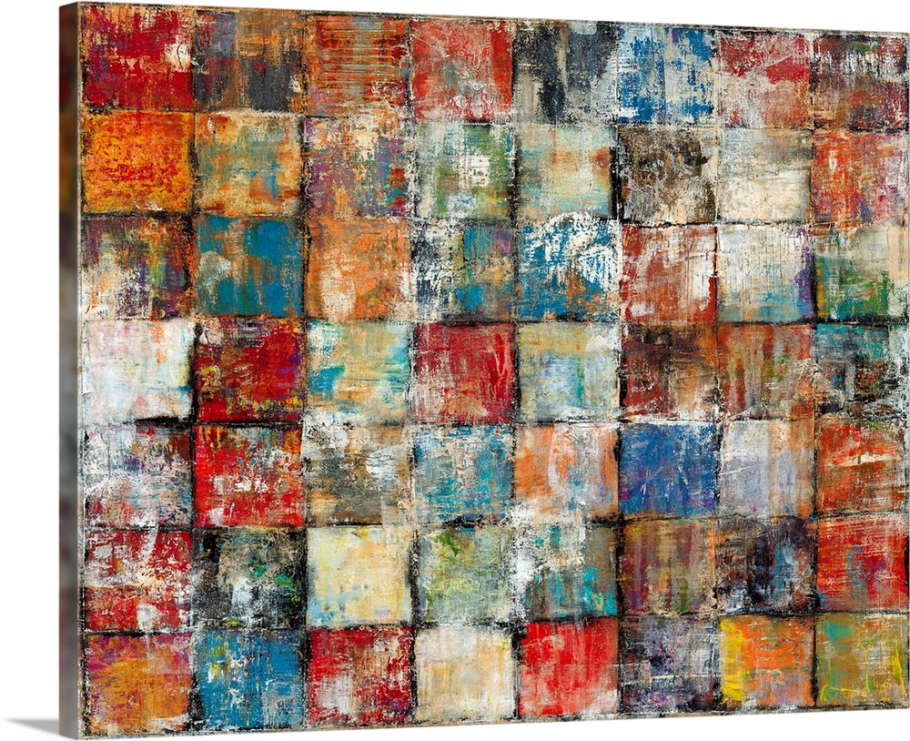 Contemporary abstract painting of distressed multicolored squares lined up in a grid pattern.