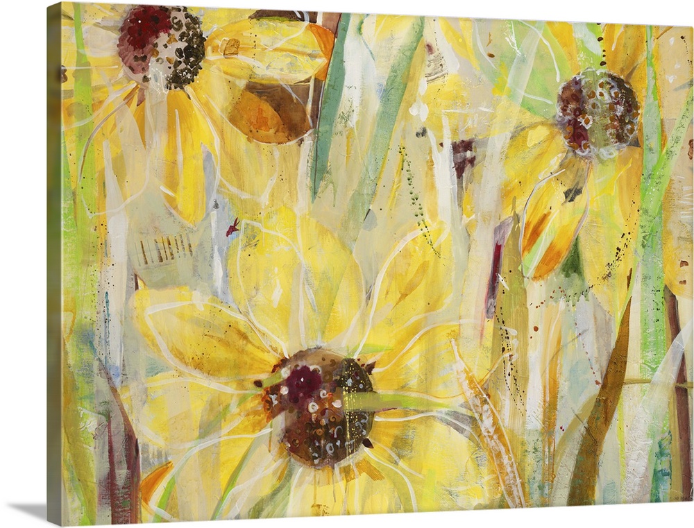 A contemporary painting of a close view of yellow flowers.