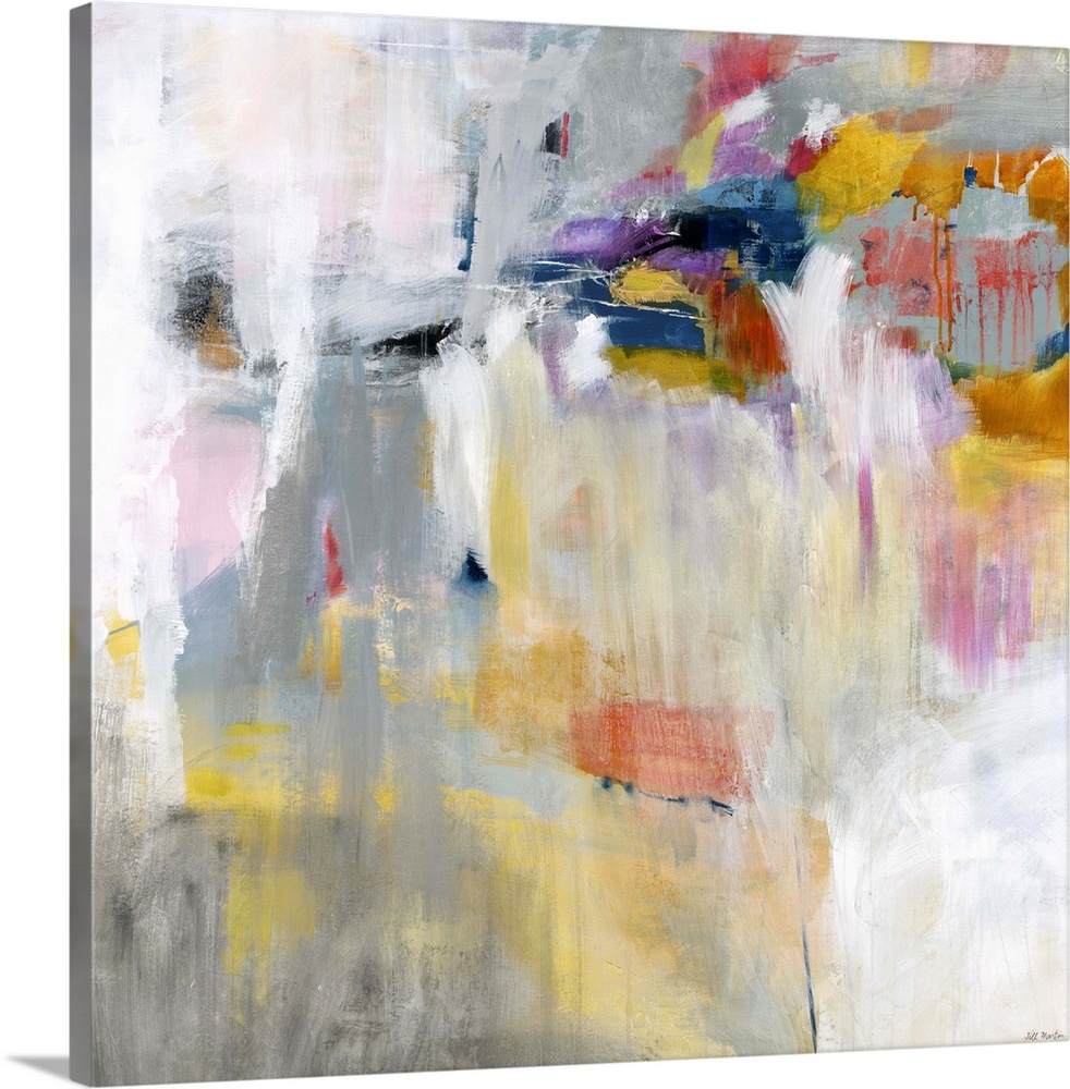 Contemporary abstract painting using tones of orange blue and pink against a multi-toned gray background.