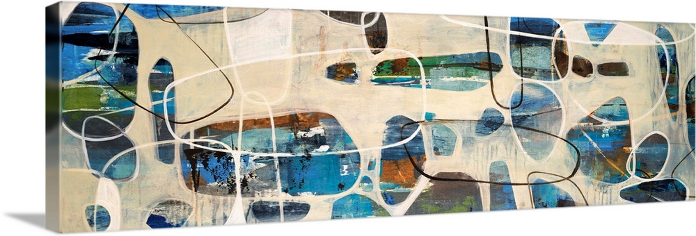 Abstract painting of oval, stone like shapes scattered on a panoramic sized art canvas.