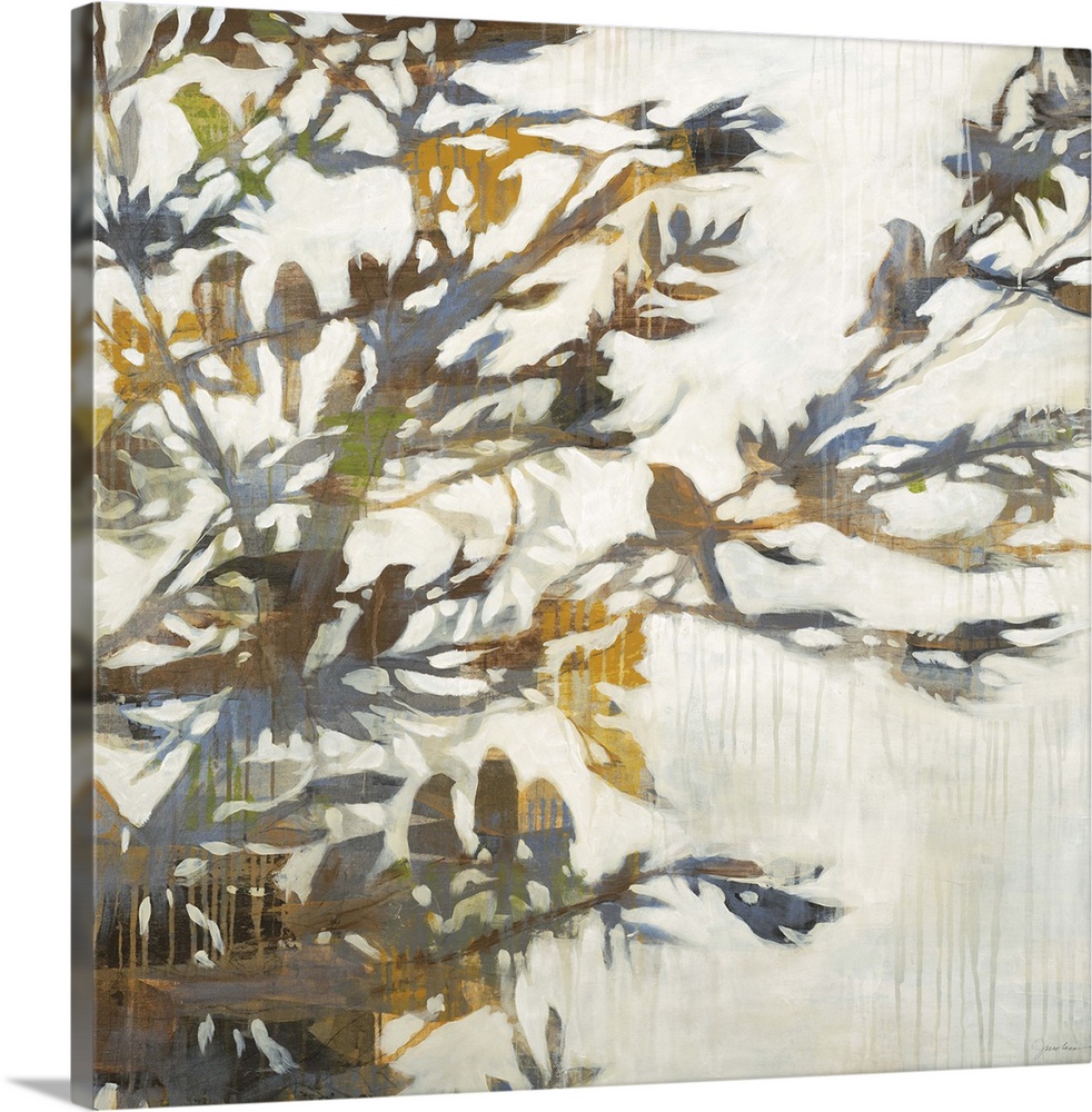 Contemporary painting of a colorful silhouette of a tree branch with birds perched all over it.