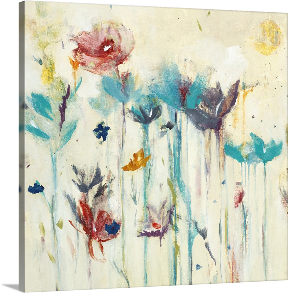 Square contemporary painting of a group of colorful flowers with long stems on a neutral background.