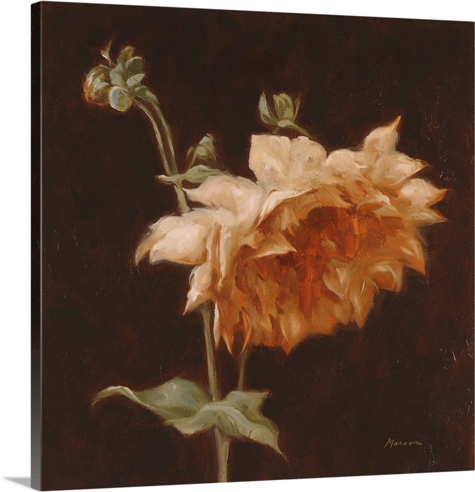 A square contemporary painting of a large chrysanthemum bloom in shades of orange.