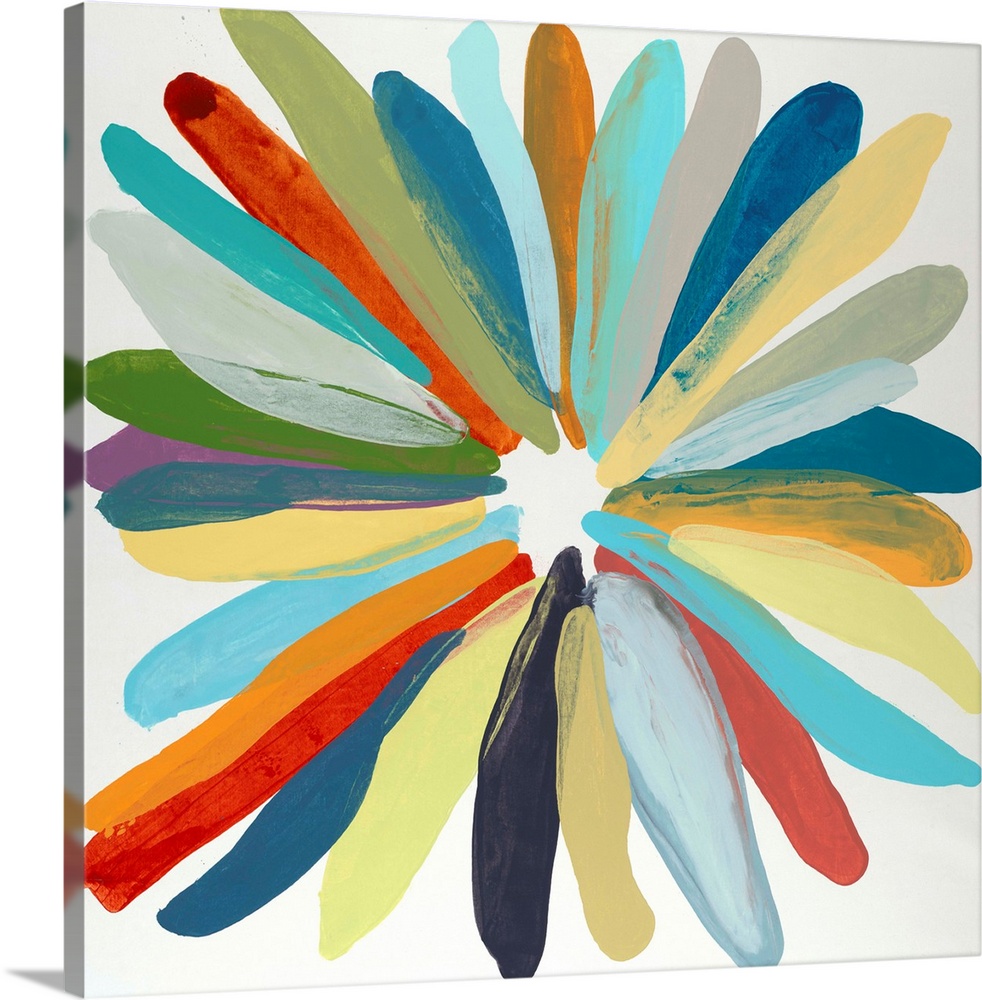 Square painting with colorful brushstrokes layered together and placed in a circular formation resembling a flower.