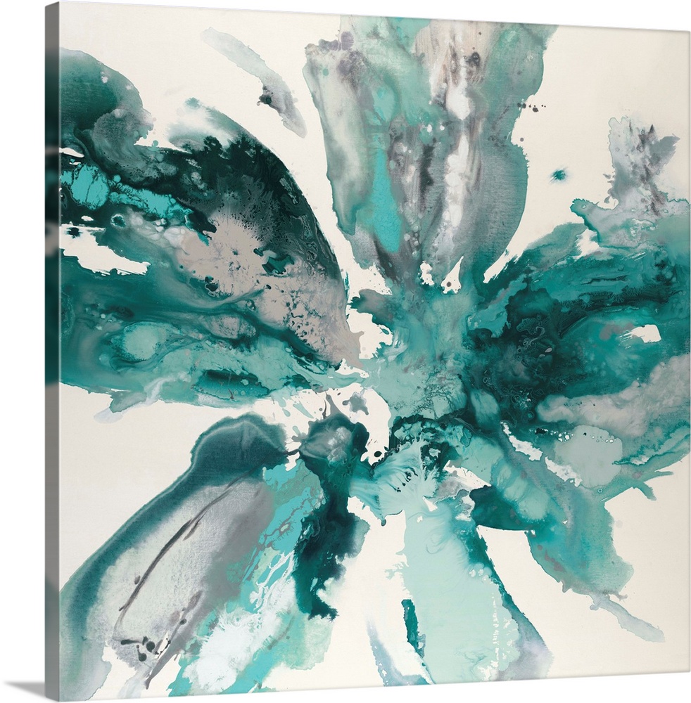 Square abstract artwork with gray and teal hues marbling together in the shape of a flower on a white background.