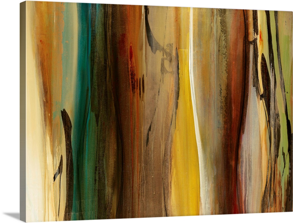 Warm-toned abstract painting featuring flowing areas of color and smooth brushstrokes moving downwards on the canvas.