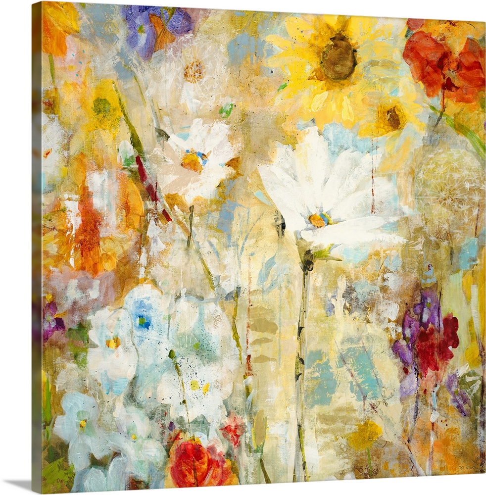 Big contemporary floral art shows a wide assortment of flowers including sunflowers and dandelions that are represented th...