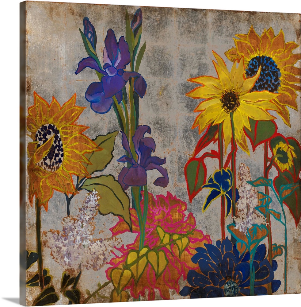 A square painting of primary colored wild flowers in a garden with a silver square patterned background.