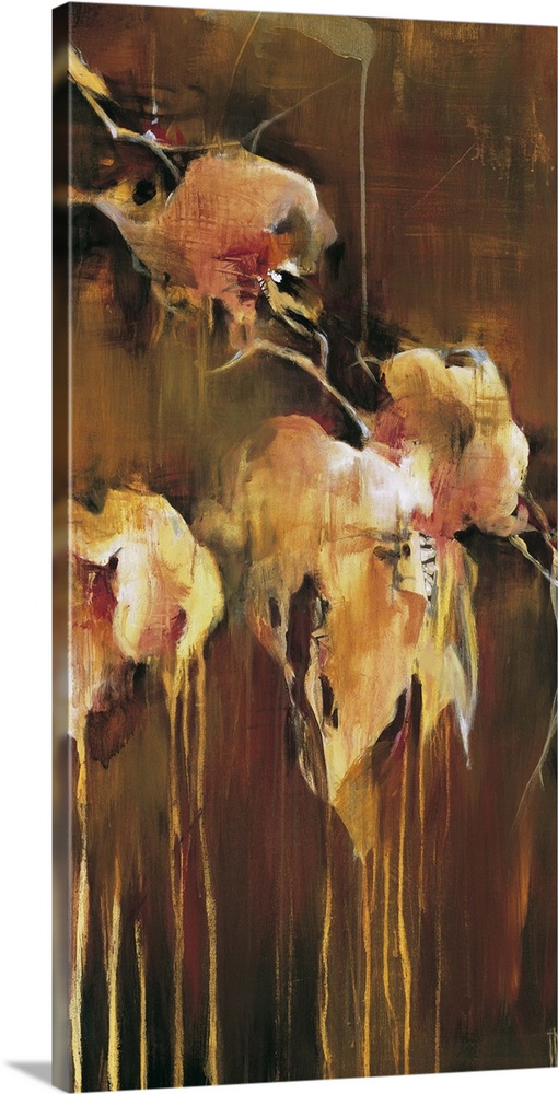 Abstract painting using earth tones to create flowers that look as though they are dripping.