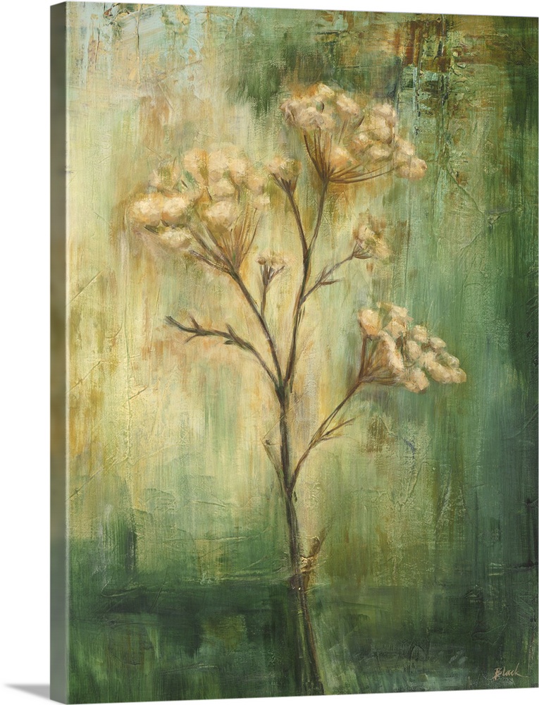 Contemporary painting of a single flower standing in the center of the image against a washed and weathered green background.