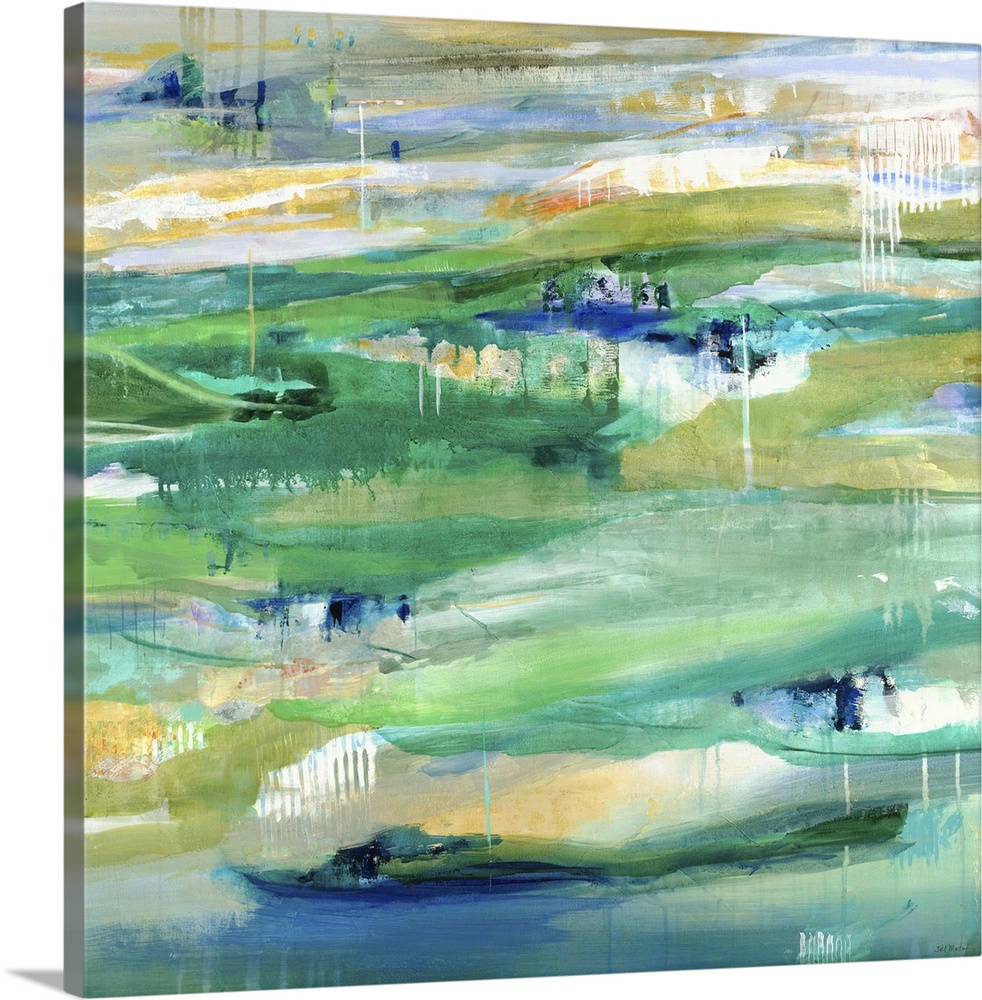 A contemporary abstract painting using predominantly green with hints of yellow.